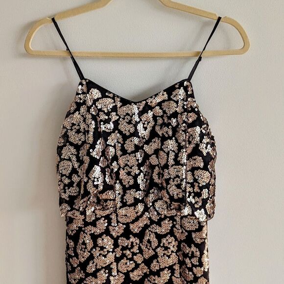Women's Mini Dress Spaghetti Strap Rose Gold Sequined Blouson Fitted Small - Picture 3 of 7